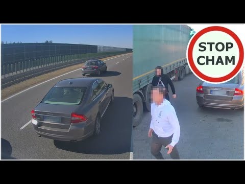 Szeryf w Volvo wyhamowuje ciezarowki na autostradz