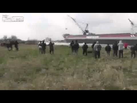  Ship Launch Causes Wave for Spectators